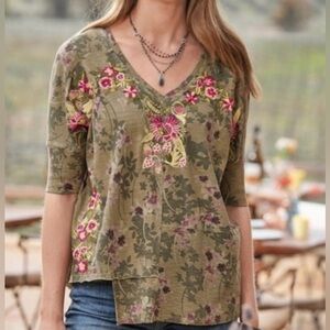 Sundance Olive Green Asymmetrical Raw Hem Floral Embroidered Boho Top Sz XS